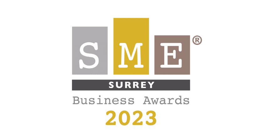 Gold, grey and brown logo for the SME Surrey Business Awards.